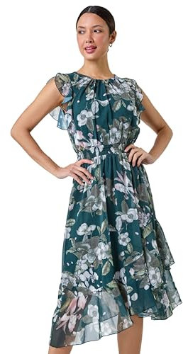 Roman Originals Women Halter Neck Frill Midi Dress - Ladies Special Occasion Evening Party Wedding Guest Print Ruffle Detail Sleeveless Round Neck Dresses - Green & Grey - Size 14
