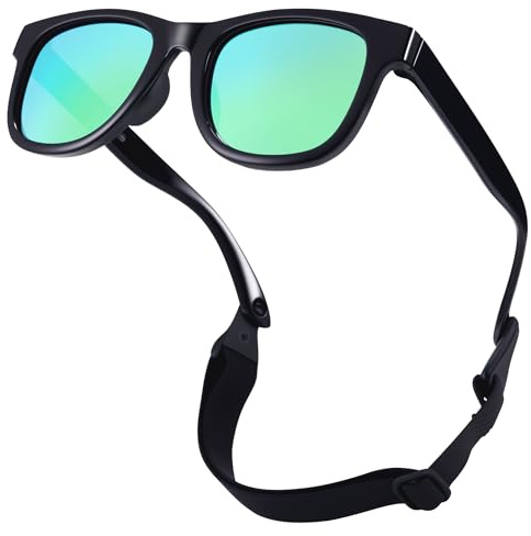 GLARDEFE Polarized Baby Sunglasses with Strap - Unbreakable Infant Sunglasses for Newborn Toddler Boys Girls Age 0-12 Months(Black/Green Mirror)