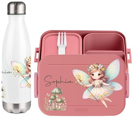 wolga-kreativ Set personalisierte Vesperdose und Kinderflasche für Mädchen Fee Zauberstab Motiv - Bento Box mit Fächern und Unterteilungen – Brotdose für Schule und Kindergarten