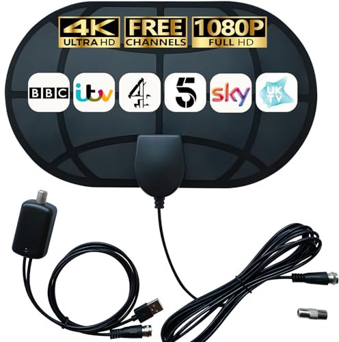 4K HD TV Aerial with Signal Booster - Digital HDTV Indoor Antenna for Local Channels - 360° Long Reception Support for All TV Types