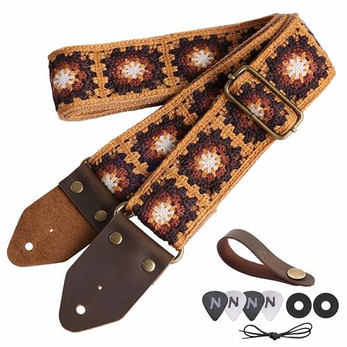 Nefelibata Gitarrengurt, Jacquard-Stickerei Baumwolle Gitarrengurte mit Crazy Horse Leder Enden für Bass, elektrische & akustische,Geschenke für Kinder, Gitarristen