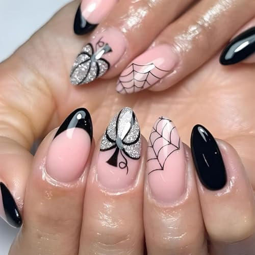 Danshinbow 24pcs Halloween presser les ongles amande faux ongles citrouille fantôme araignée Web Design mignon faux ongles brillant pour les femmes (Couleur rose B, 0.04 ml)
