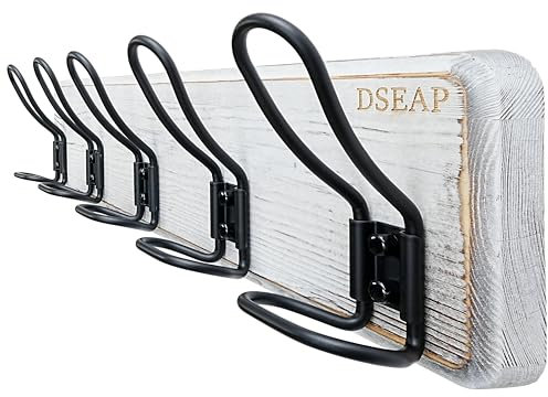 Dseap Garderobe - Stabil Vintage - Garderobenleiste Holz in Landhausstil, Rustikale Hakenleiste, Garderobenhaken Wand, Kleiderhaken mit 5 Draht-Haken Doppelt, G25A, Weiß & Schwarz