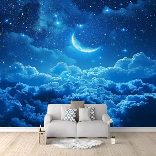 Fototapete Nacht Mond Sterne Wolken Meer blau 300x210 cm - Vliestapete Wohnzimmer Schlafzimmer Vlies Tapete Wandtapete Wandbilder Wanddekoration für Esszimmer