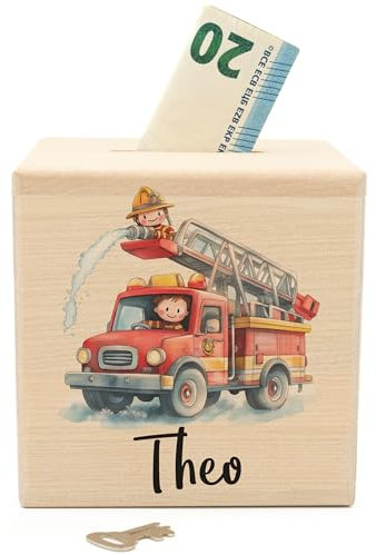 Geschenkfreude Personalisierte Spardose mit Namen aus Holz - 10 x 10 cm - Feuerwehr - Spardose - Holz Kinder sparschwein mädchen Namen Feuerwehr Junge Jungen personalisiert Baby