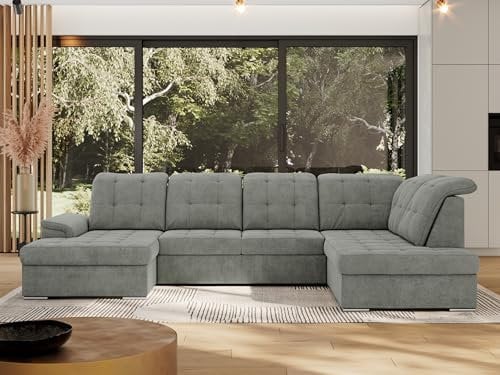 MKS MEBLE Sofa U-Form Grau Struktur, Wohnlandschaft U-Form, Sofa mit Schlaffunktion und Bettkasten, Schlafsofa mit Bettkasten, Couch mit Schlaffunktion - Grau Struktur - Madrito