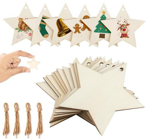 Holzsterne, 40 Stück Holz Deko Hängesterne, DIY Basteln Holzanhänger, Holz Sterne Weihnachten, Stern Baum Ornament, für Weihnachtsbaum Anhänger Hochzeit DIY Baumschmuck