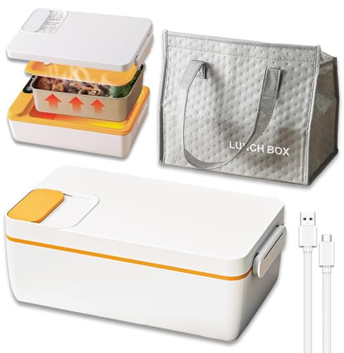 Slthe Lonchera eléctrica inalámbrica de 1 litro, calentador de alimentos portátil para coche, oficina, uso doméstico, no requiere agua, contenedor de almuerzo recargable con bolsa aislante