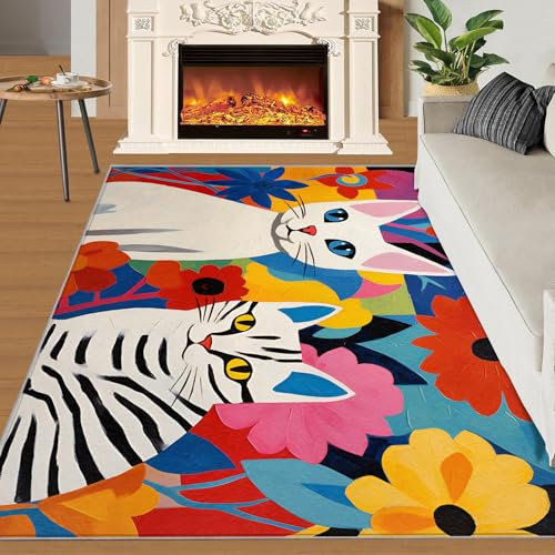 SANSJI Großer Teppich mit Cartoon-Katzenmotiv für Schlafzimmer, niedlich, bunt, 160 x 230 cm, Kinderteppich, Jungen, Mädchen, rutschfest, waschbar, Raumdekoration, schmutzabweisende Matten für