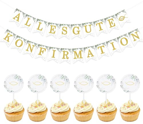 Qaziuy Konfirmation Girlande & 24 Stück Tortendeko, Fisch Cake Topper, Alles Gute zur Konfirmation Banner, Gold, Grün