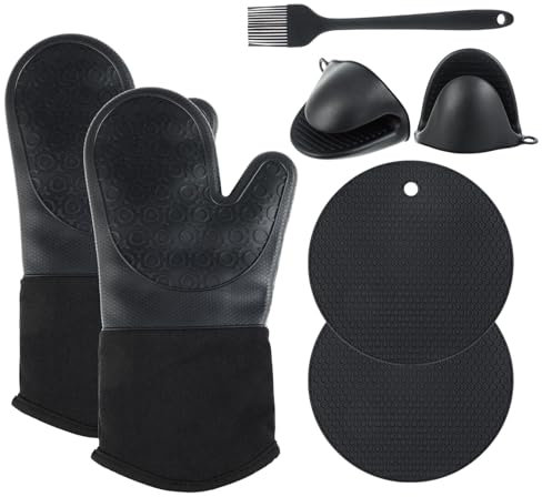 Juego de 6 guantes de horno resistentes al calor hasta 300 °C con agarraderas, antideslizantes, adecuados para cocinar, hornear, asar (negro)