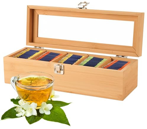 Yallmie Wooden Tea Bag Storage, Teabag Storage with 5 Compartments Bag Organiser Holder With Lid Tea Box Organiser Box Station for Sugar Packets, Coffee Pods (02)