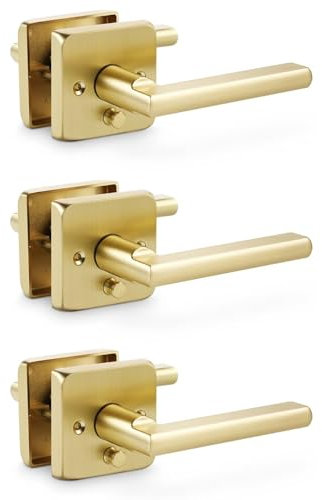 Linkaa Schlüsselloses Türschloss aus gebürstetem Messing mit Griff, goldfarbener Hebel-Türgriff für Schlafzimmer, Badezimmer, Haustürschloss-Set (Privatsphäre, Druckknopfschloss, 3 Stück)