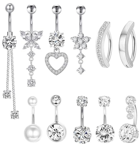 DAVBNM 11 Pcs Dangly Belly Button Bars Belly Bars Dangly Set, Navel Piercing Jewelry Belly Button Piercing, Barbell Navel Bars Piercing Jewelry, Flower Butterfly Navel Bars Set for Women, Silver