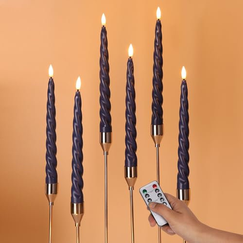 Girimax Spiral Flameless Taper Candles with Remote, Navy Blue Candles Battery Operated, Flickering LED Wax Candlesticks Set of 6