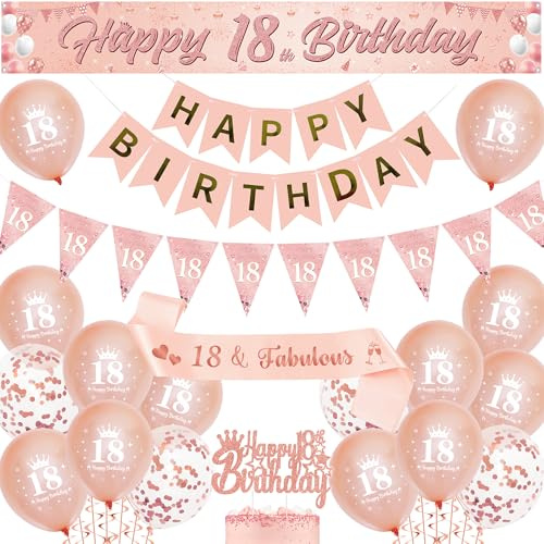 18th Birthday Decorations Banner Girls - Rose Gold Party Balloons Set with Pennant Sash, Happy 18 Years Old Birthday Yard Banners and Cake Topper for Girl Party Supplies