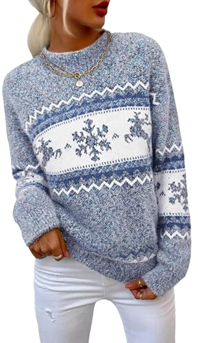 Demegimi Damen Weihnachtspullover Stehkragen Norweger Pullover Warm Christmas Sweater mit Schneeflocken Wellen Rentiermuster Winter Strickpullover für Frauen