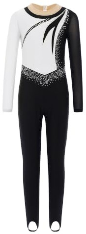Turnanzug Mädchen Langarm Ganzkörper Voltigieranzug Lang Kinder Tanzoverall | Einteilig,Strass Glitzer, Mesh Patchwork,Cut Out,Ballett,Gymnastik,Eislaufen,Bühnenauftritt, Wettbewerb, Wettkampf,Performanc