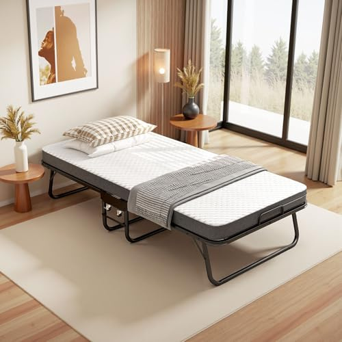 Kelodan Klappbett/Gästebett 90x190cm – Faltbares Bett mit Rollen & 10cm Memory Foam Matratze, Staubschutz – ideal für Zuhause, Hotel, Gästezimmer und Outdoor-Camping, Schwarz