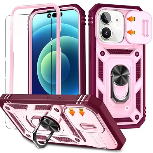 YmhxcY for iphone 12/12 Pro Case with Camera Cover Slider,Screen Protectors,Build in 360°Rotating Ring Kickstand, Military Grade Protective Case for iphone 12/12 Pro 6.1-Wine Red/Pink