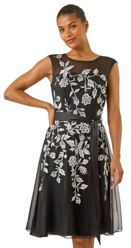 Roman Originals Embroidered Tie Waist Midi Dress for Women UK - Ladies Everyday Autumn Winter Round Neckline Comfy Soft Evening Vacation Work Party Night Out - Black - Size 16