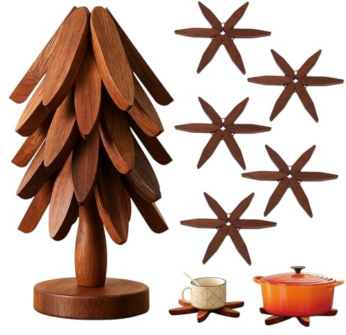 Tree Coasters Stackable Wooden Trivet Set,5PCS Walnut Stand Place Mats Dish Mat for Kitchen Worktops,Christmas Table Decoration Trivets with Holder Natural Wood Pieces for Hot Dishes.