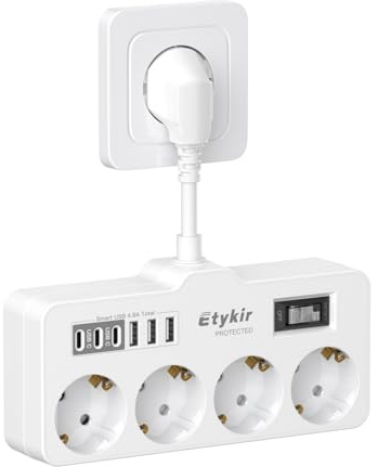 Ladron Enchufes con 4 Tomas y 6 USB (3 USB-A y 3 USB-C) Enchufe Multiple | Proteccion Sobretension, Interruptor con Protección contra Sobrecarga y Cable Corto de 10,5 cm, 16A/4000W