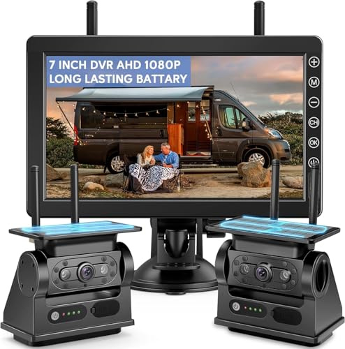 Solaire Caméra de Recul sans Fil avec 7 Moniteur 1080P, Magnétique à Batterie Rechargeable 10000 mAh, Prend en 4 Caméras, pour Camions, Camping Car, Caravane(2 Caméras)