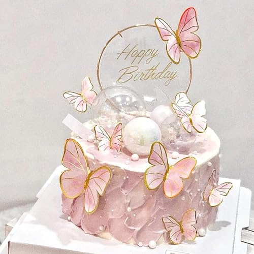 11 Pcs Pink Butterfly Cake Toppers, Cupcake Toppers Happy Birthday Metal Gold Topper for Girls Women's Party Decorations
