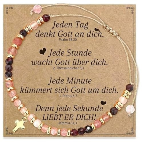 JIRVEX Christliches Armband Damen Kreuz Schmuck Glaube mit Naturstein Geschenk für Frauen Mädchen zur Kommunion Taufe Firmung(Rosa)