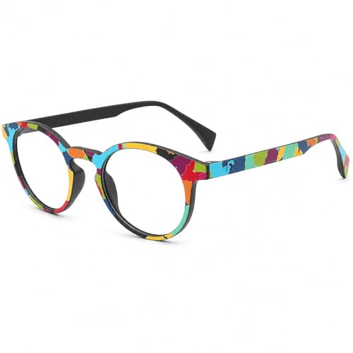 Vfeetly Brillenrahmen - Runde Brille für Frauen und Männer, Bunte Vintage Mode Full-Felge Rx-Glas-Rahmen, Leichtes TR Material, Regenbogen-Schwarze Farbe