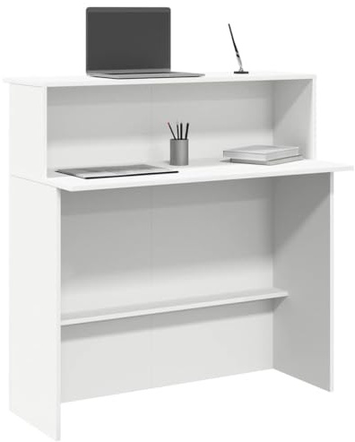 WEMYUFURN Bancone per ricevimento, bianco, 100 x 50 x 103,5 cm, in legno con ripiano integrato, stabile e durevole, interazioni discrete grazie alle pareti laterali alte, versatile per ufficio, hotel