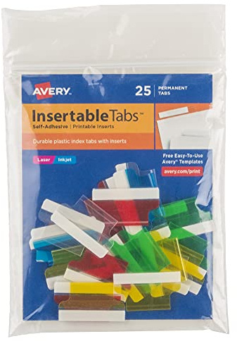 Avery Insertable Self-Adhesive Tabs with Printable Inserts, 1, Permanent Adhesive, Assorted (Blue, Clear, Green, Red and Yellow), Pack of 25 Index Tabs (16219)