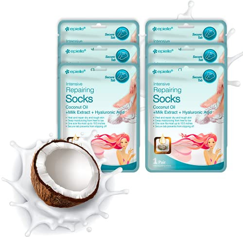 Epielle Intensive Repairing Foot Masks 6 Pairs, Deep Moisturizing Socks for Dry Feet & Cracked Heels, Repair with Coconut Oil & Milk Extract, Korean Skin Care, Spa Set, Self Care Gifts for Women