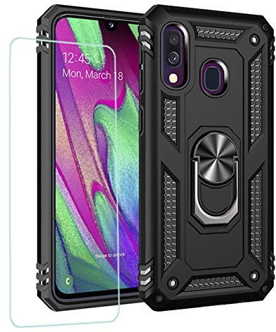 Joytag Compatible avec Samsung A40 Coque avec Anneau de Support magnétique, Coque + Film en Verre trempé résistant aux Chocs en Silicone TPU 360 degrés - Noir