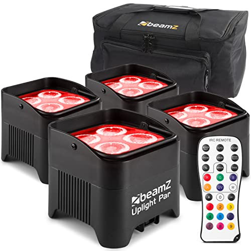 BeamZ BBP94 Uplight LED Par Strahler, 4er Set mit Tasche, 4 x 10 Watt, Akku Bühnenbeleuchtung 4er Set für DJ Pult, Bühnenlicht, DMX-LAN, Partylicht Musikgesteuert, Bühnenequipment, Fernbedienung