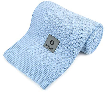 PIMKO 100% Bambusdecke Babydecke Strickdecke Kuscheldecke für Jungen und Mädchen Schmusedecke weich und kuschelig ideal für Zuhause für Allergiker geeignet aus natürlicher Größe 80x100cm (Baby Blue)