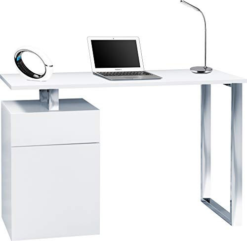 Homeology CALISTA Gloss White with Brushed Steel Legs 3-Drawer Contemporary Home Office Computer Desk