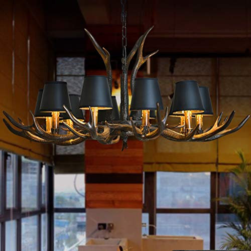 Vintage Pendelleuchte American Ländliche Kronleuchter Resin Geweihe Hängeleuchte Esstischlamp Schwarzer Lampenschirm E14 Leuchte Retro Deckenlampe Bar Wohnzimmer Cafe Esszimmer Hängelampe,10 heads