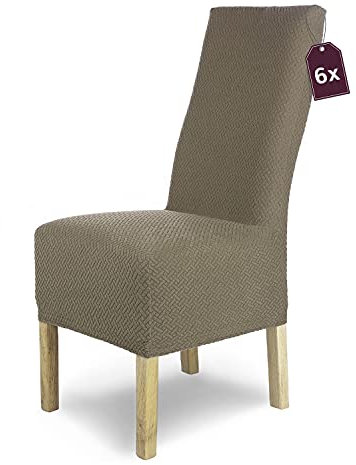 SCHEFFLER-Home Stuhlhussen Stretch Luna-Lang/Stuhlüberzug 6er Set Taupe/elastische Flanell Stuhlabdeckungen/Stuhlhussen Schwingstühle/Spann-Bezug Stuhl Überwurf als eleganter Schonbezug
