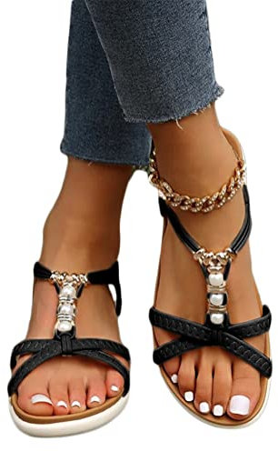Onsoyours Sandales Femmes Plates Chaussures Été Boho à Talons Plats Claquettes Nu Pieds Semelle Compensée Confortable Bout Ouvert pour Plage A Noir 42 EU
