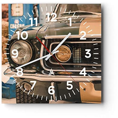 Modern Wanduhr Abdeckung Ford Mustang 40x40cm Quadrat Groß Wand Uhr Glas Analog Zimmeruhren Küche Büro Wohnzimmer Glasuhr Wall Clock Dekoration Design Wanddekoration Küchenuhr C4AC40x40-4480