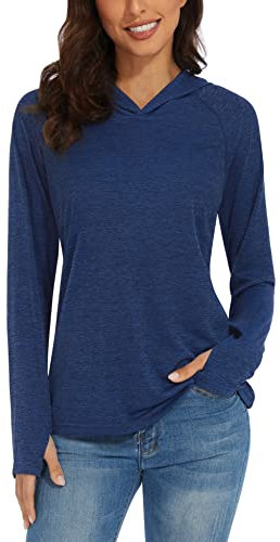 TACVASEN Women's Long Sleeve Shirt Running Walking Hooded Shirts with Thumb Holes Summer Swimming Tops Rash Vest Dark Blue