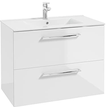 Lomadox Einzel-Waschtisch, 80 cm breit, in weiß Hochglanz lackiert mit Metallgriffen in Chrom, 2 Schubladen und Keramikwaschbecken, B/H/T ca. 80/62/46 cm