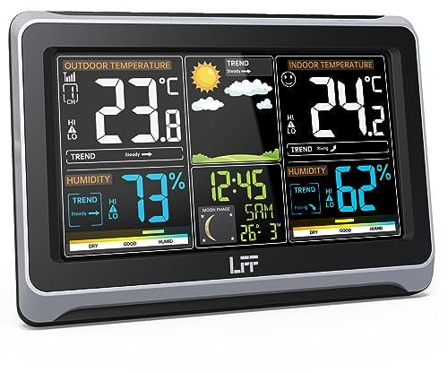 Weather Stations Wireless Indoor Outdoor, LFF Weather Station Indoor Outdoor Thermometer Wireless, Color Display Digital Weather Thermometer with Atomic Clock, Weather Forecast Station with Backlight
