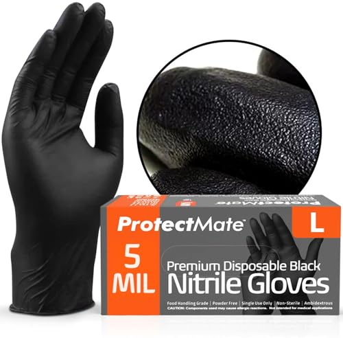 Protectmate Black Nitrile Disposable Gloves, 5 Mil Thick, Powder-Free, Latex Free, Industrial Disposable Gloves, Food Grade Disposable Gloves, Large (Box of 100 Pieces)