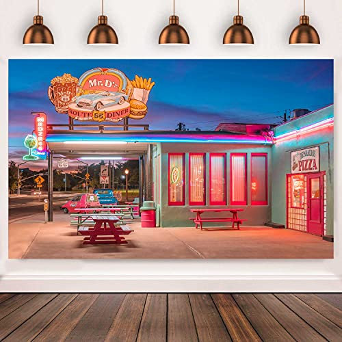 KIKIDOR 2,1 x 1,5 m Retro Restaurant Hintergrund Route 66 Convenience Store Street Neon Lichter Fotografie Hintergrund Nostalgischer 50er Jahre Vintage Auto Party Dekor Banner Portrait Shoot Props