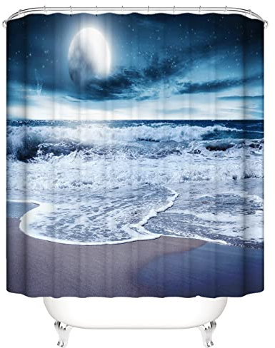 OCEUMACO 3D Ocean Bleu Sombre Rideau de Douche Anti Moisissure Motif Paysage Mer Plage Rideau Douche Tissu Imperméable 180x200 cm Lune Sable Vague Imprimé Rideaux Baignoire Lavable Machine