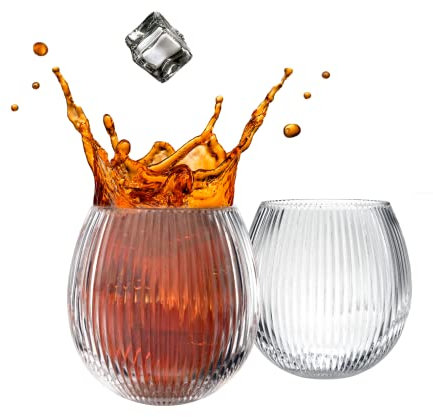 Greenline Goods Runde geriffelte Art Deco Trinkgläser – 400 ml, Set mit 2 modernen Küchengläsern im Origami-Stil, einzigartige gerippte geriffelte Vintage-Tassen für Hochzeiten, Cocktails oder moderne