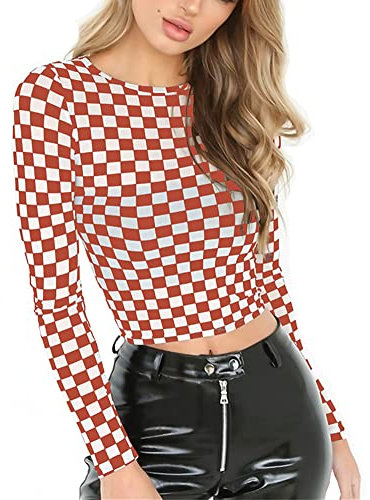 KACAOAC Women's Long Sleeve Checkered Print Sexy See Through Sheer Mesh Crop Top Tee T Shirts, Orange Checkered, XS